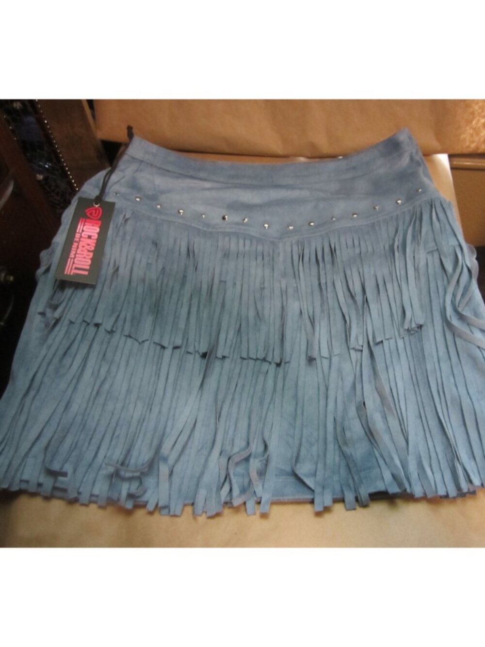 Rock and Roll Denim Women's Fringe Studded Faux Suede Mini Skirt Medium NWT - Picture 2 of 8